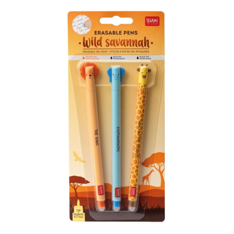 Erasable gel pen, 3-pack, Lion/Elephant/Giraffe, gelpenne med blk der kan viskes ud 
